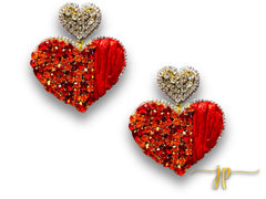 Beaded Game Day Heart Earrings in Red Rhinestones and Raffia with Heart Topper