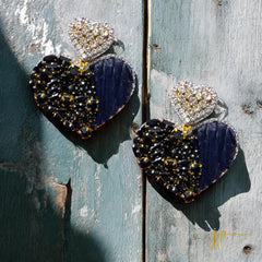 Beaded Game Day Heart Earrings in Black Rhinestones and Raffia with Heart Topper