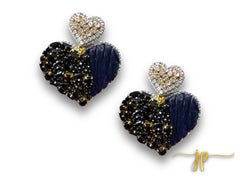 Beaded Game Day Heart Earrings in Black Rhinestones and Raffia with Heart Topper