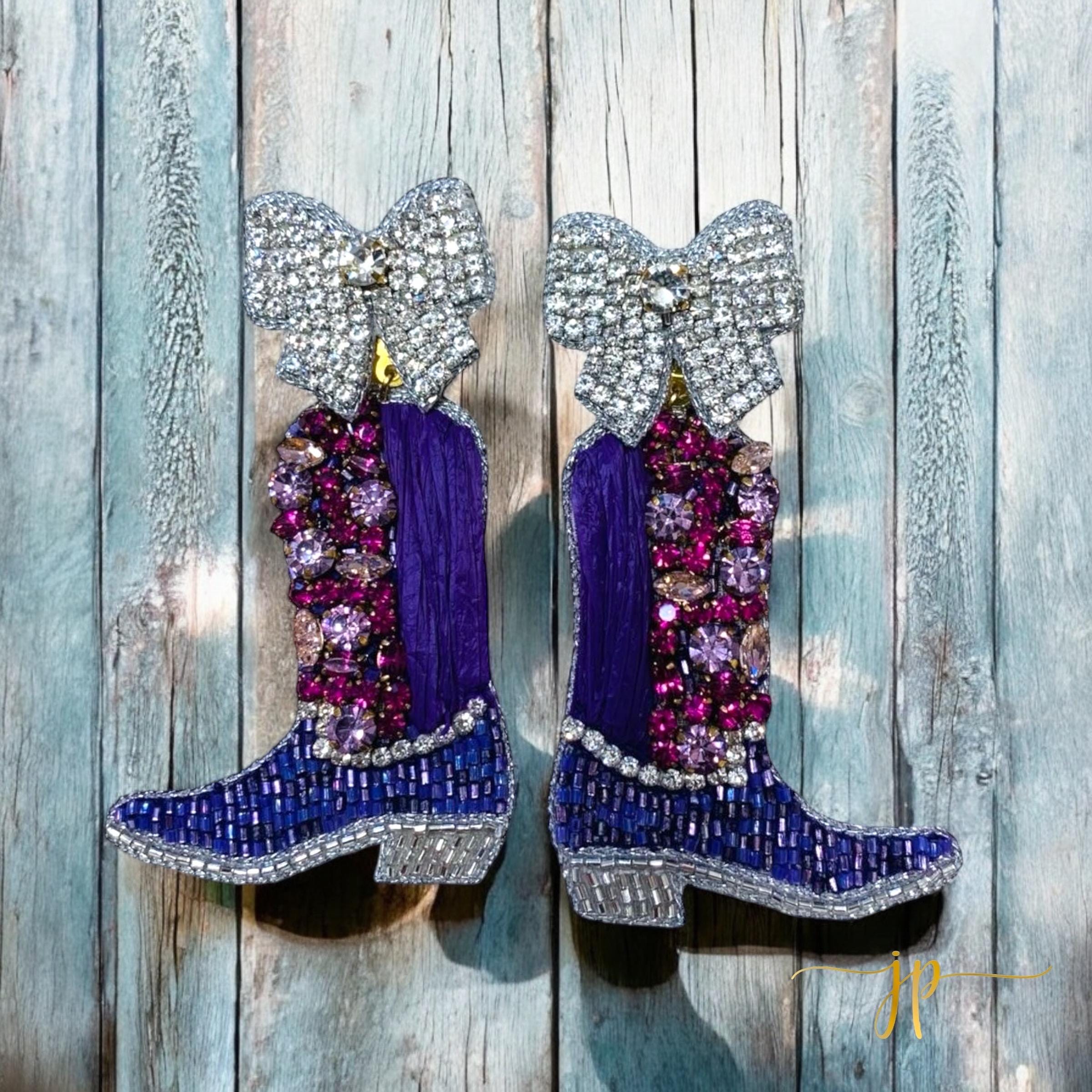 Purple Rhinestone Cowboy Boot Earrings Bows for Game Day