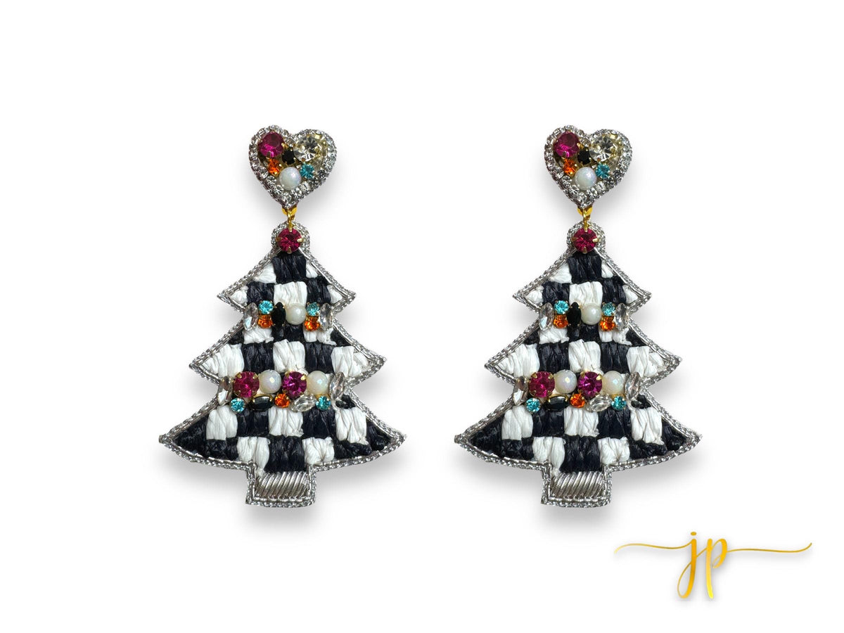 Black and White Checkered Christmas Tree Beaded Earrings with Rhinestone and Raffia