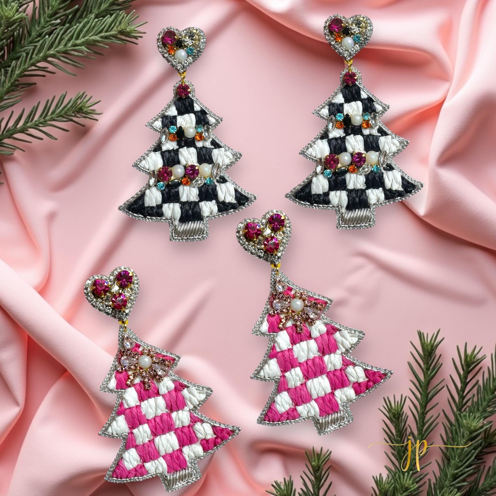 Pink and White Checkered Christmas Tree Beaded Earrings with Rhinestone and Raffia