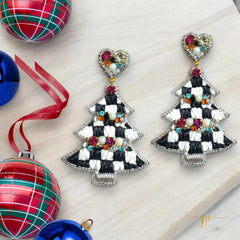 Black and White Checkered Christmas Tree Beaded Earrings with Rhinestone and Raffia