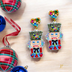 Tartan Nutcracker Beaded Rhinestone Earrings