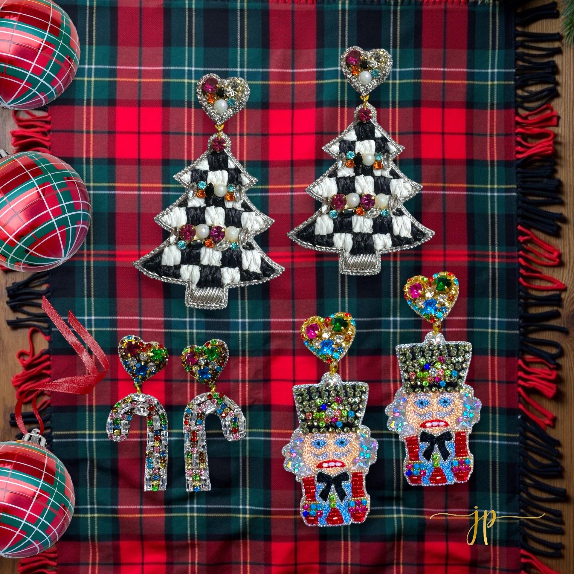 Tartan Nutcracker Beaded Rhinestone Earrings