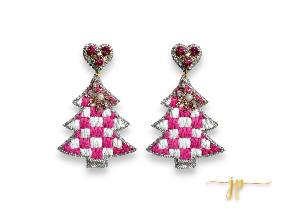 Pink and White Checkered Christmas Tree Beaded Earrings with Rhinestone and Raffia